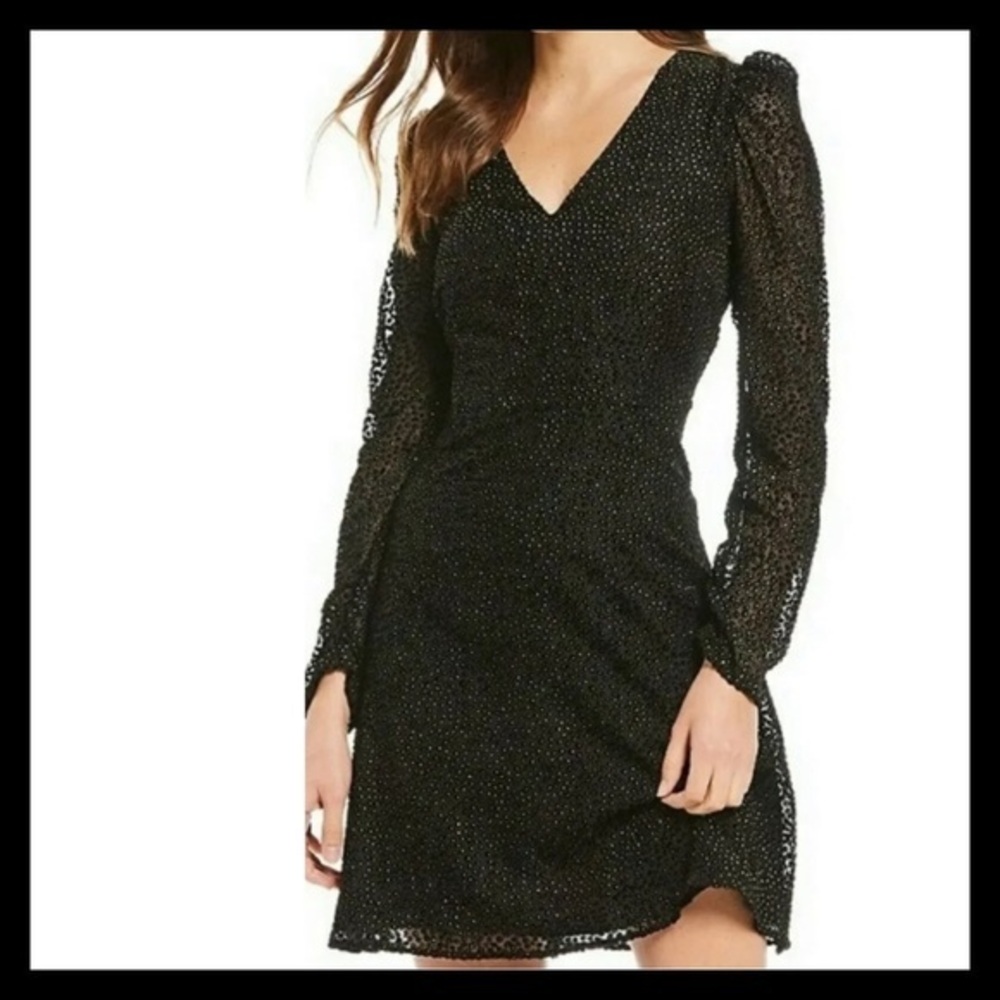 Puff Sleeve Cocktail Dress Black with Gold Dots